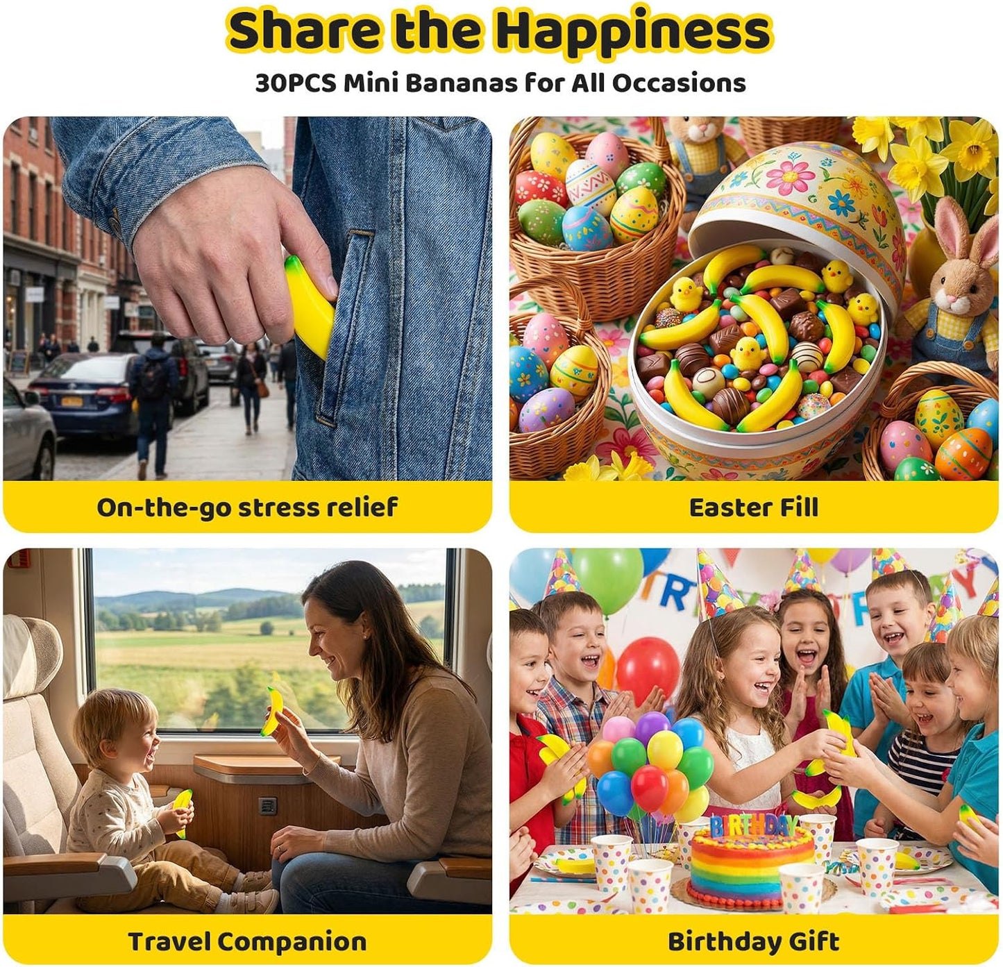 30PCS Banana Stress Toys, Squishy Squeeze Toys, Mini, Soft | Banana Stress Relief Fidget for Classroom Prizes Treasure Box, Goodie Bag Stuffers, Birthday Party Favors