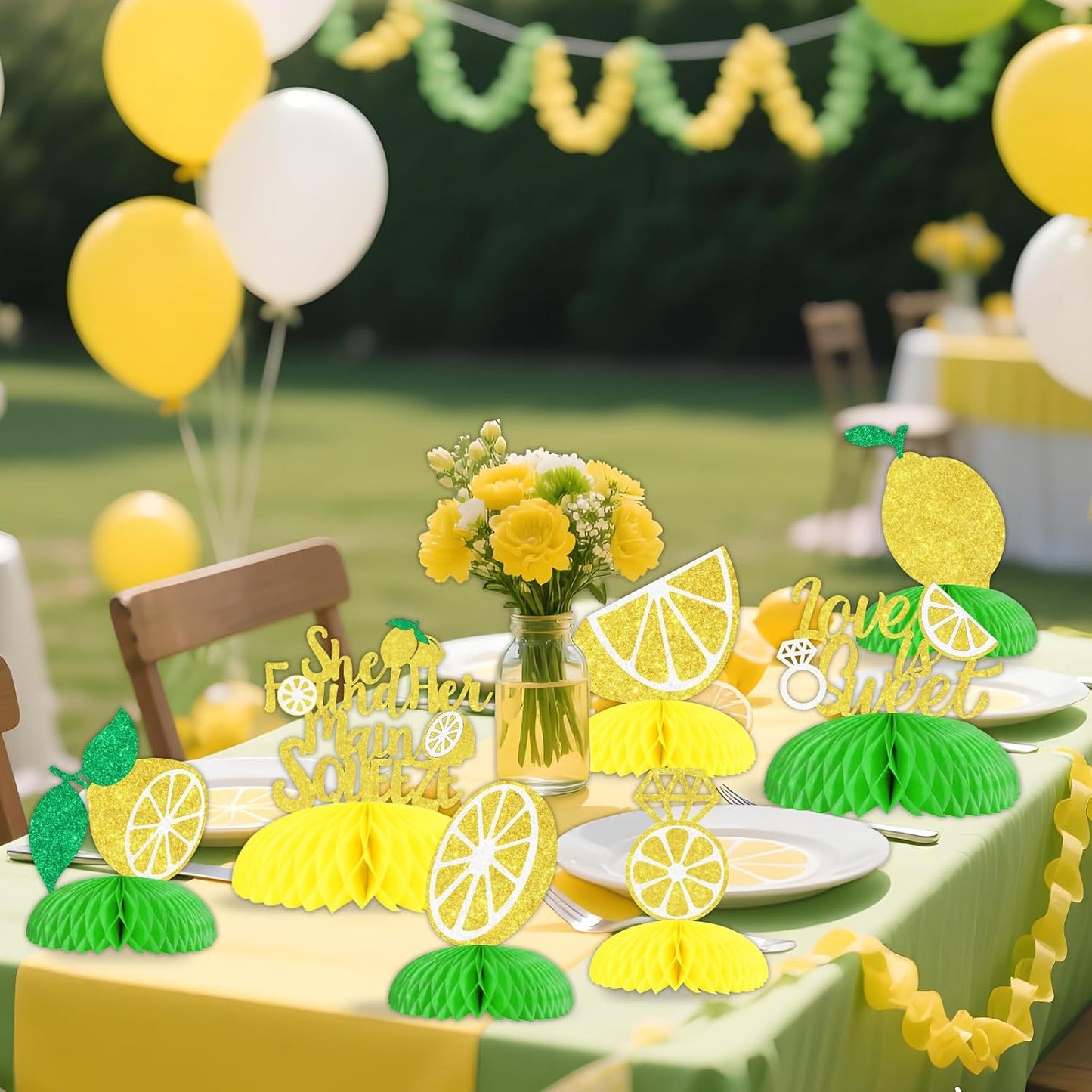 8PCS Lemon Bridal Shower Honeycomb Centerpieces | Glitter She Found Her Main Squeeze 3D Table Toppers, Fruit Lemonade Theme, Wedding Engagement Party Supplies