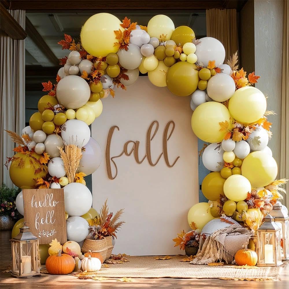 Mustard Yellow Balloon Garland Kit - Double Stuffed Sand White Yellow Pastel Balloon Arch for Bee Birthday, Baby Shower, Gender Reveal, Boho Party Decoration | Mustard Yellow Pastel Balloon Garland for Bee Birthday, Baby Shower, Gender Reveal, Boho Fall