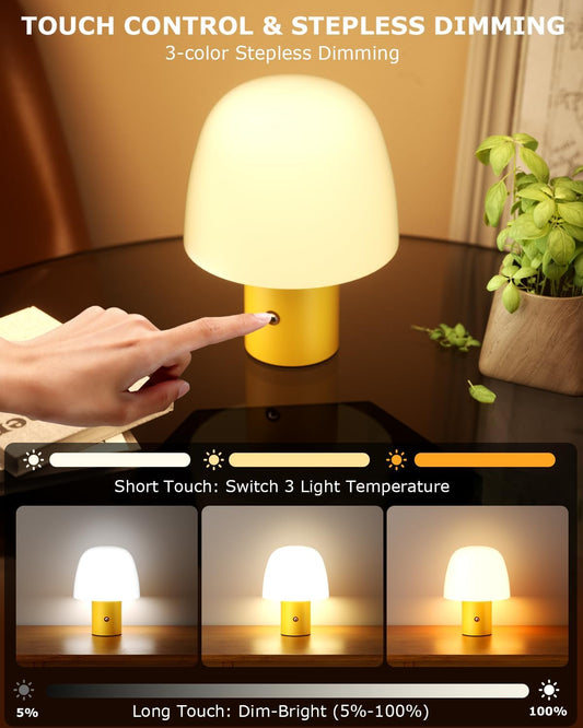 Portable LED Table Lamp, Cordless Desk Lamp Rechargeable, 3-Color Touch Stepless Dimming Night Light for Bedroom/Children's Room/Terrace/Dining Room/Cafe (Yellow)