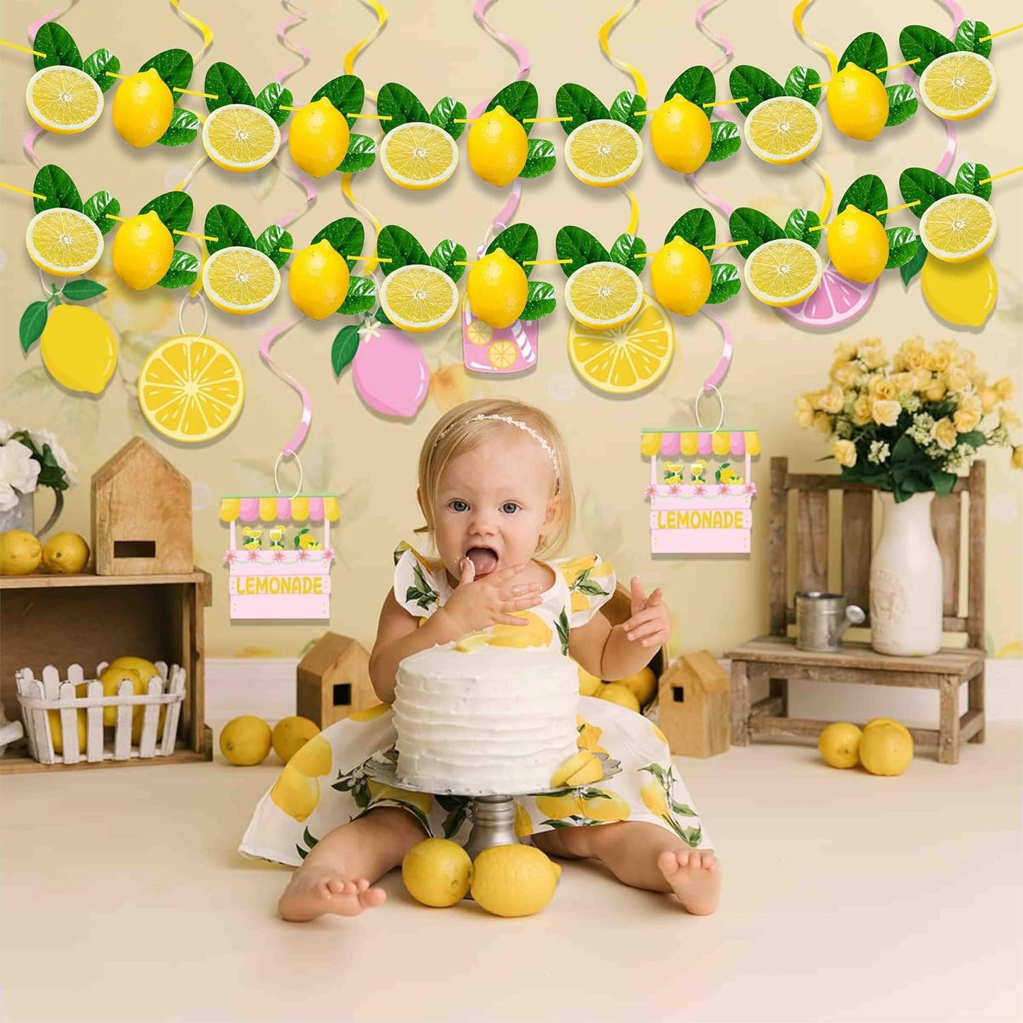 Lemon Garland Decoration For Summer Party, Lemon-Themed Birthday, Baby Shower, Bridal Shower – Artificial Lemon And Green Leaf Hanging Banner – Fresh Fruit Citrus Garland For Kitchen Decor