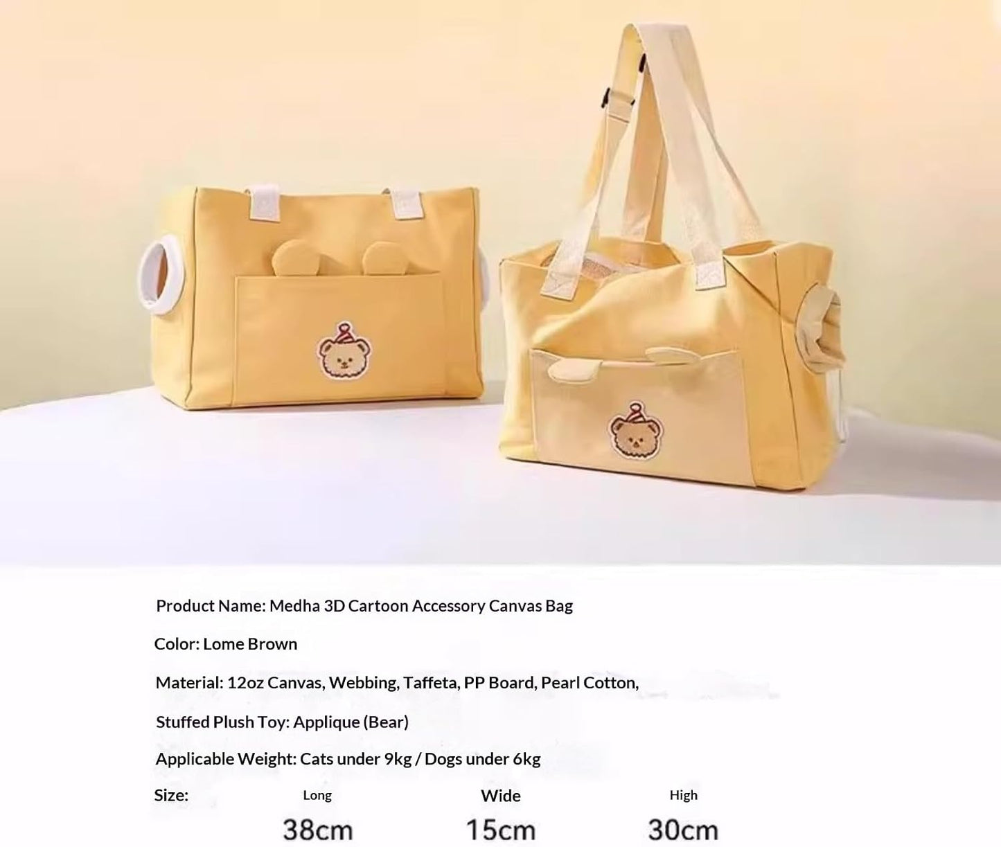 Canvas Pet Carrier Tote Bag for Cats and Dogs, Yellow, 15×16×12in | 2-in-1 Pet Handbag with Plush Ears Wide Shoulder Strap, Open-Top Soft-Sided Travel Tote for Walks, Shopping and Vet Visits