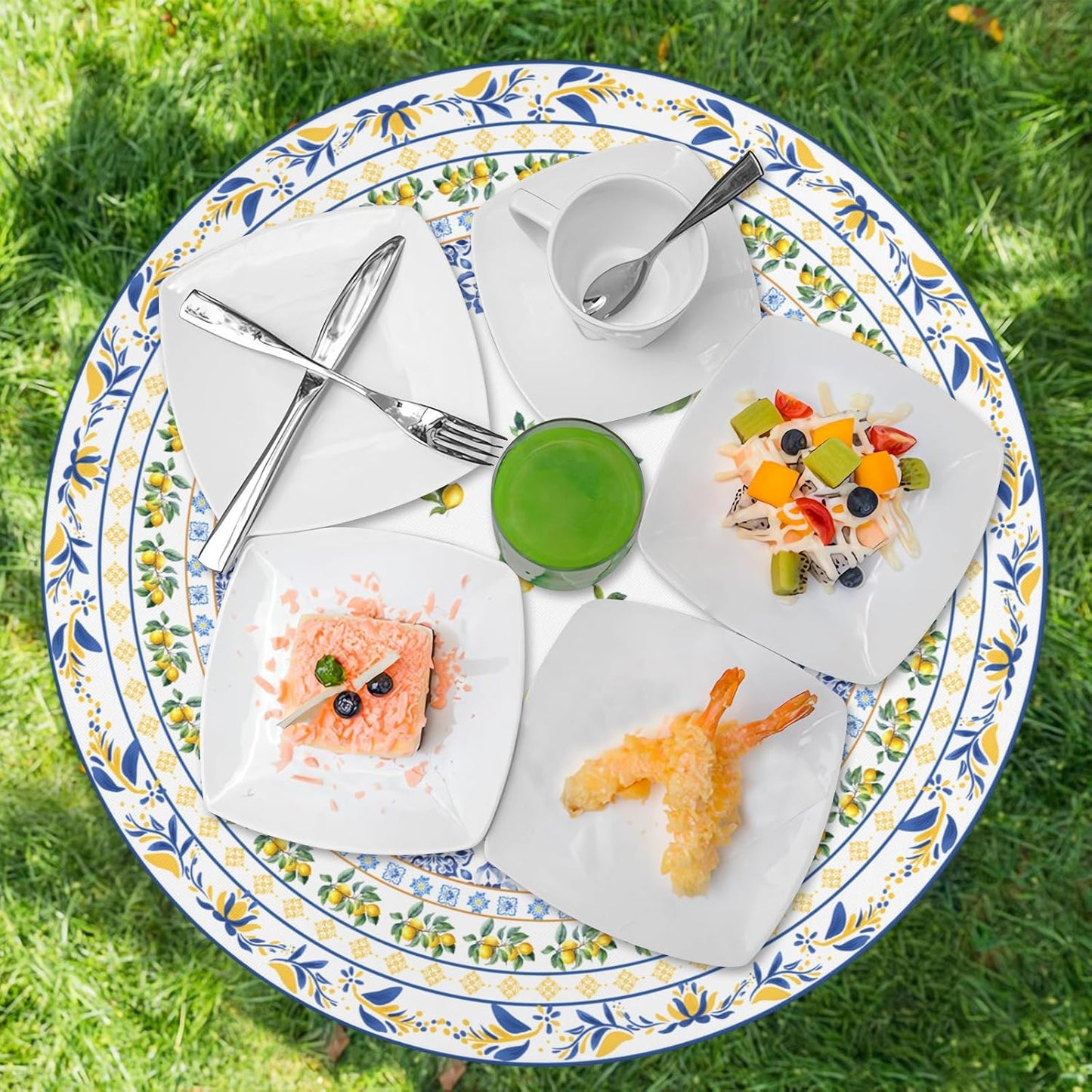 Boho Lemon Round Fitted Tablecloth with Elastic Edge Summer Blue Yellow Lemon Pattern Table Cover for 40"-44" French Country Stretch Table Cloth for Dining Room Party Picnic