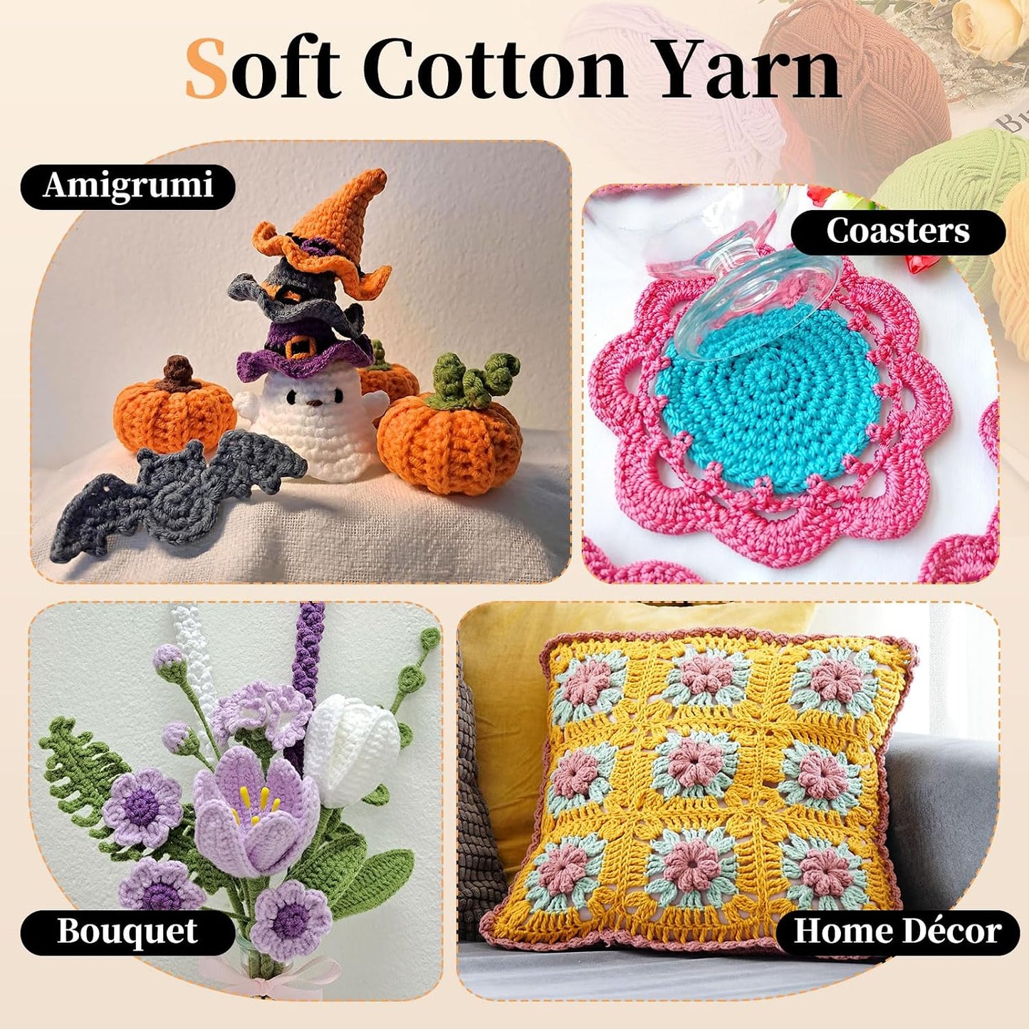 2 Pcs Cotton Yarn Skeins, 87 Yards 50g/1.8oz Sport Weight Soft Yarn 4-Ply Milk Cotton Yarn Ball for Crocheting Knitting DIY Handmade Craft Projects, Light Grey/Yellow