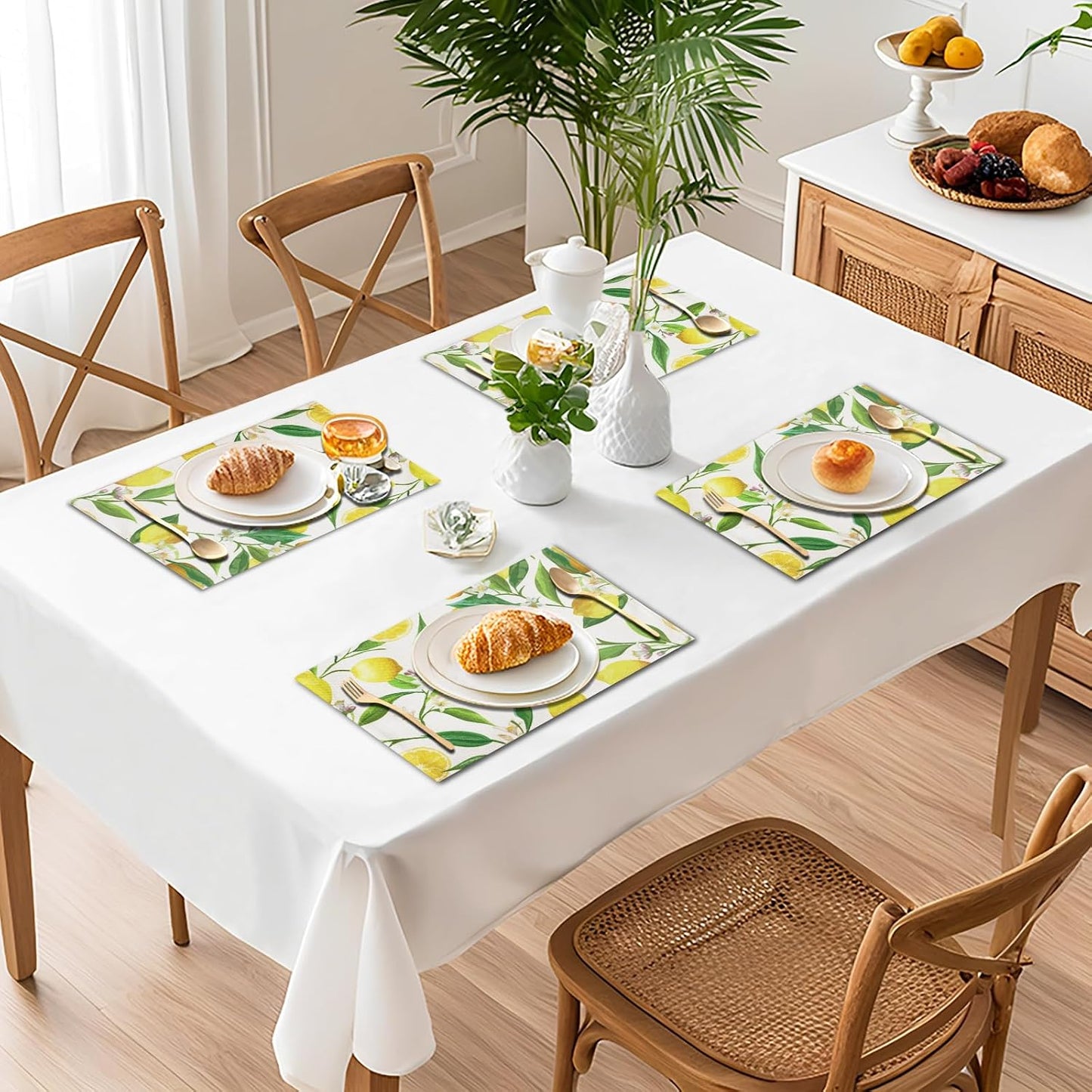 Lemon Placemats Set of 4 Summer Seasonal Yellow Table Mats | Linen Fabric Washable Wipeable Heat Resistant Waterproof Rectangle Place Mats for Kitchen Dining Dinner Patio Party 12X18Inch
