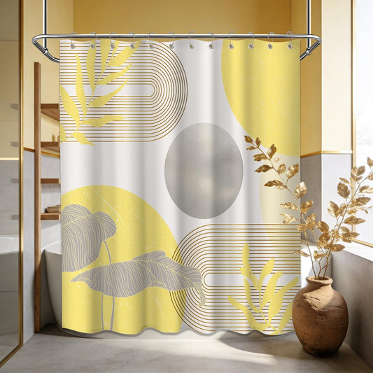 Shower Curtain Mustard Yellow Grey White 70 x 72 Inch | Abstract MCM Design, Waterproof Fabric, Includes Hooks, Bathroom Decor