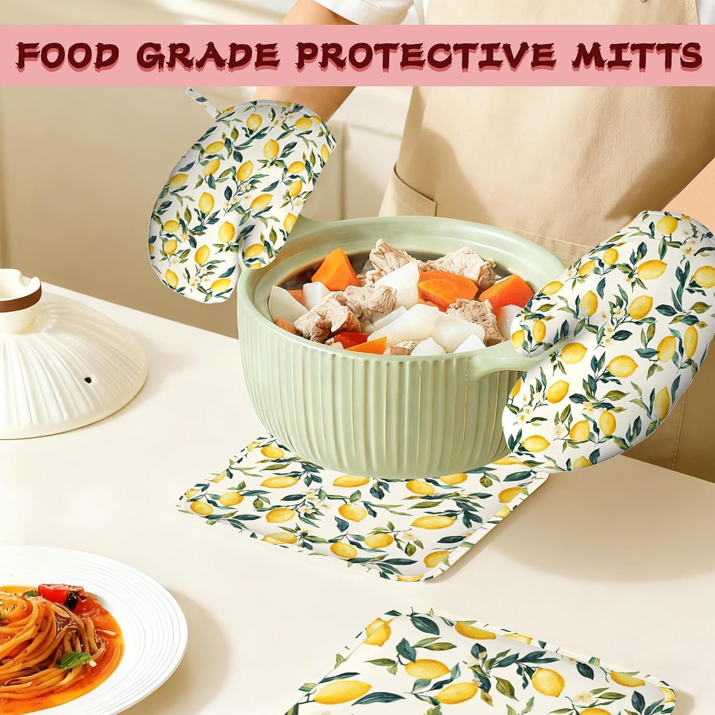 Retro Lemon Floral Silicone Oven Mitts and Pot Holders,Heat-Resistant 4 Piece Kitchen Set Non-Slip Oven Gloves and Hot Pads for Cooking, Baking, Grilling,BBQ