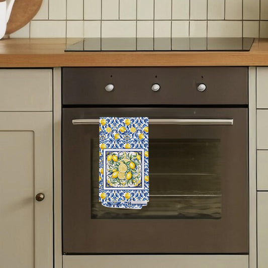 Italian Lemon Hand Towels for Kitchen Bathroom, Lemon Themed Gifts, Blue and Yellow Summer Mediterranean Amalfi Coast Tile Decorative Kitchen Dish Towels, 16x24 Inch