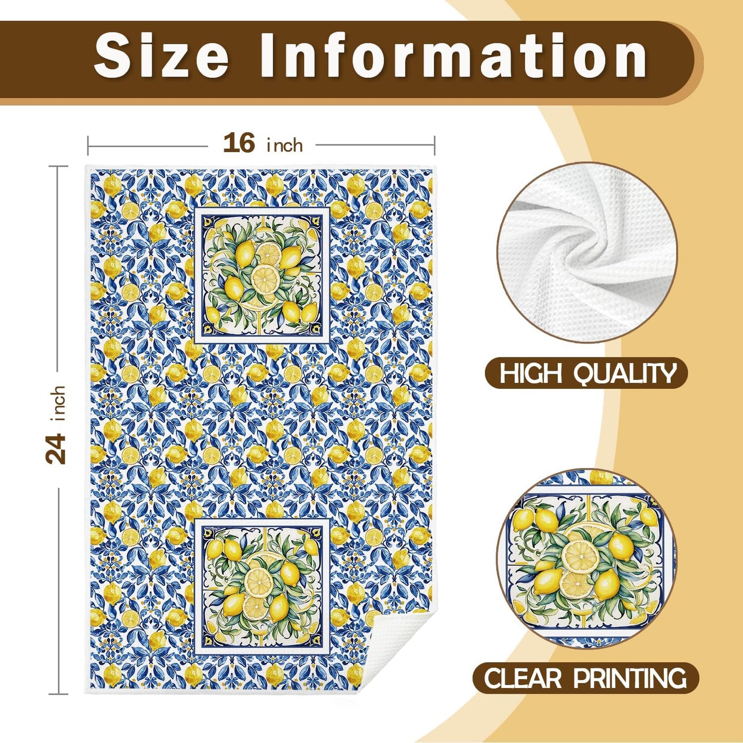 Italian Lemon Hand Towels for Kitchen Bathroom, Lemon Themed Gifts, Blue and Yellow Summer Mediterranean Amalfi Coast Tile Decorative Kitchen Dish Towels, 16x24 Inch