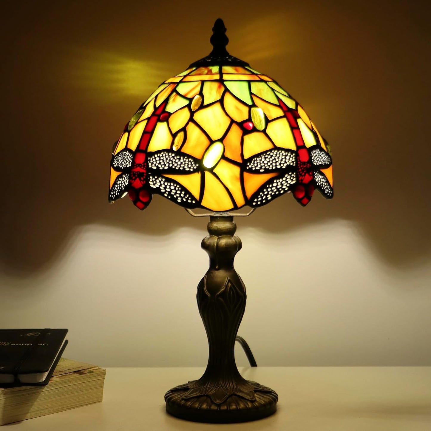 Tiffany Table Lamp Dragonfly Style Yellow Stained Glass Accent Lamp Bronze Resin Base 8X8X14 Inch