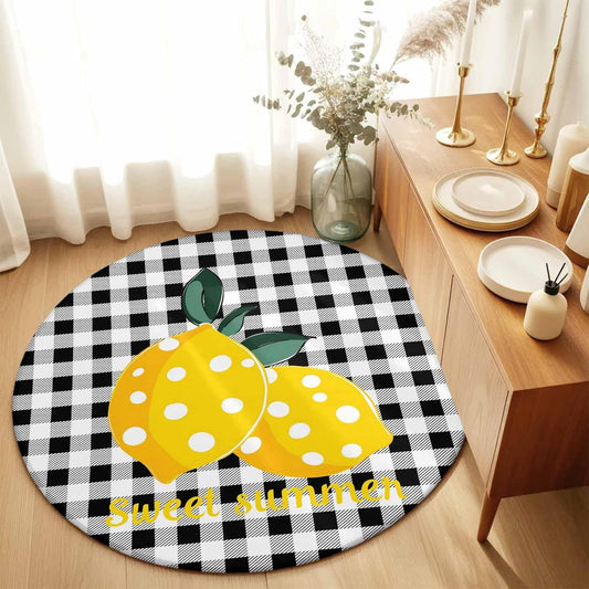 Summer Fruit Round Area Rugs for Living Room 3FT Washable Non Slip Indoor Rug for Bedroom Home Decor Carpets Farmhouse Dots Lemon Black Check Soft Polyester for Dining Room Home Oficce