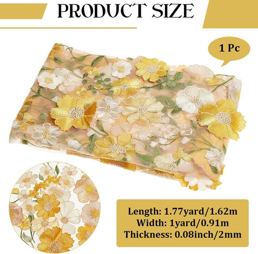 1.88 Yards Yellow 3D Flower Lace Fabric Floral Embroidered Mesh Fabric By the Yard Vintage Sheer Polyester Tulle Gauze Embroidery Cloth for Sewing Making Crafts Clothes Dress Wedding Costume