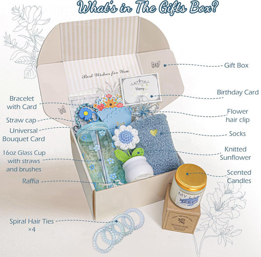Birthday Gifts for Women Teen Girls, Unique Happy Graduation Gift Baskets for Her, Thank You Teacher Self Care Get Well Present Set, 14pcs Cute Daisy Box for Friend SisterGirlfriend Coworker(Yellow)