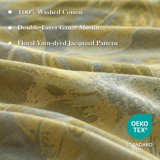 Muslin Duvet Cover Set Queen Size, 100% Washed Cotton 3 Pieces Yarn-Dyed Vintage Yellow Floral Jacquard Textured Bedding, Soft & Breathable Gauze Comforter Cover with Zipper Closure