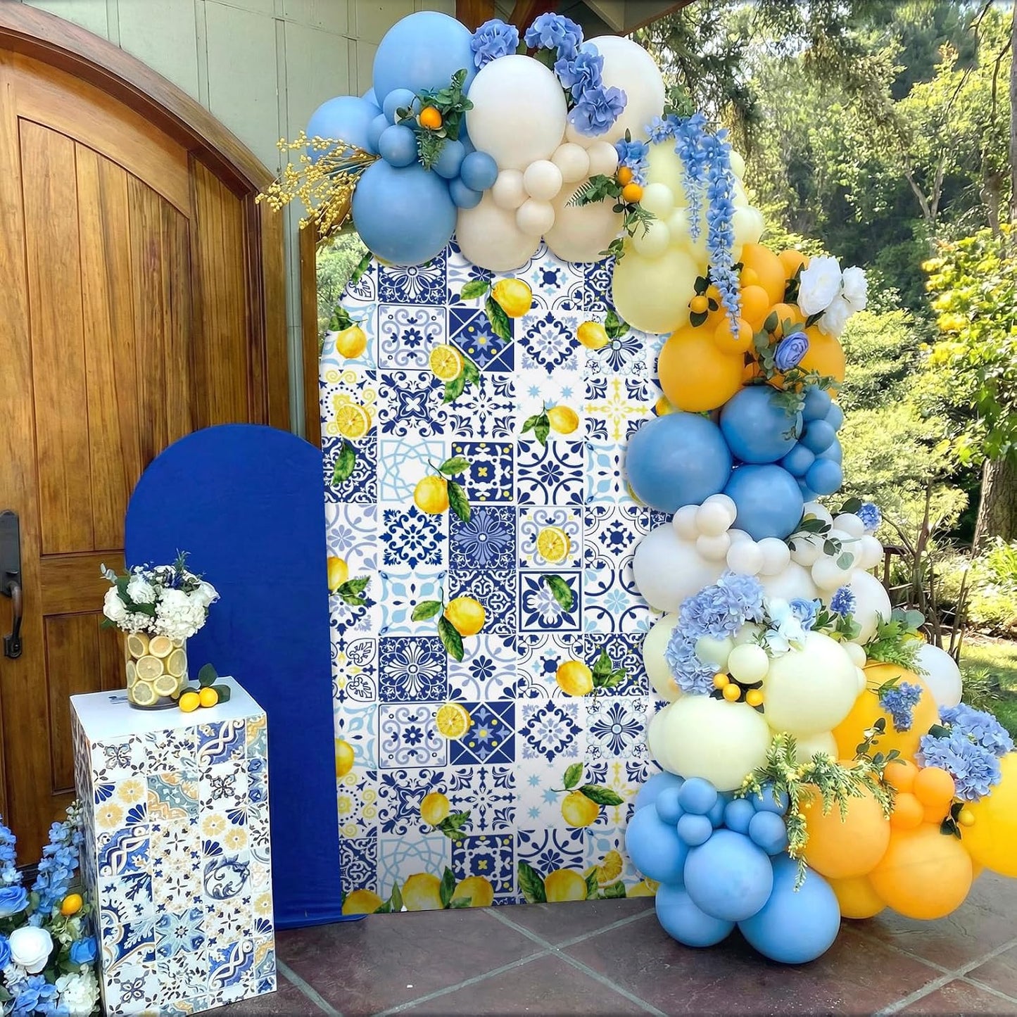 Blue Tiles Lemon Decor 7.2ft Amalfi Coast Lemon Arch Cover Spring Summer Birthday Party Decorations Spandex Fitted Arch Stand Covers Round Top Blue Yellow Decor for Wedding Bridal Shower