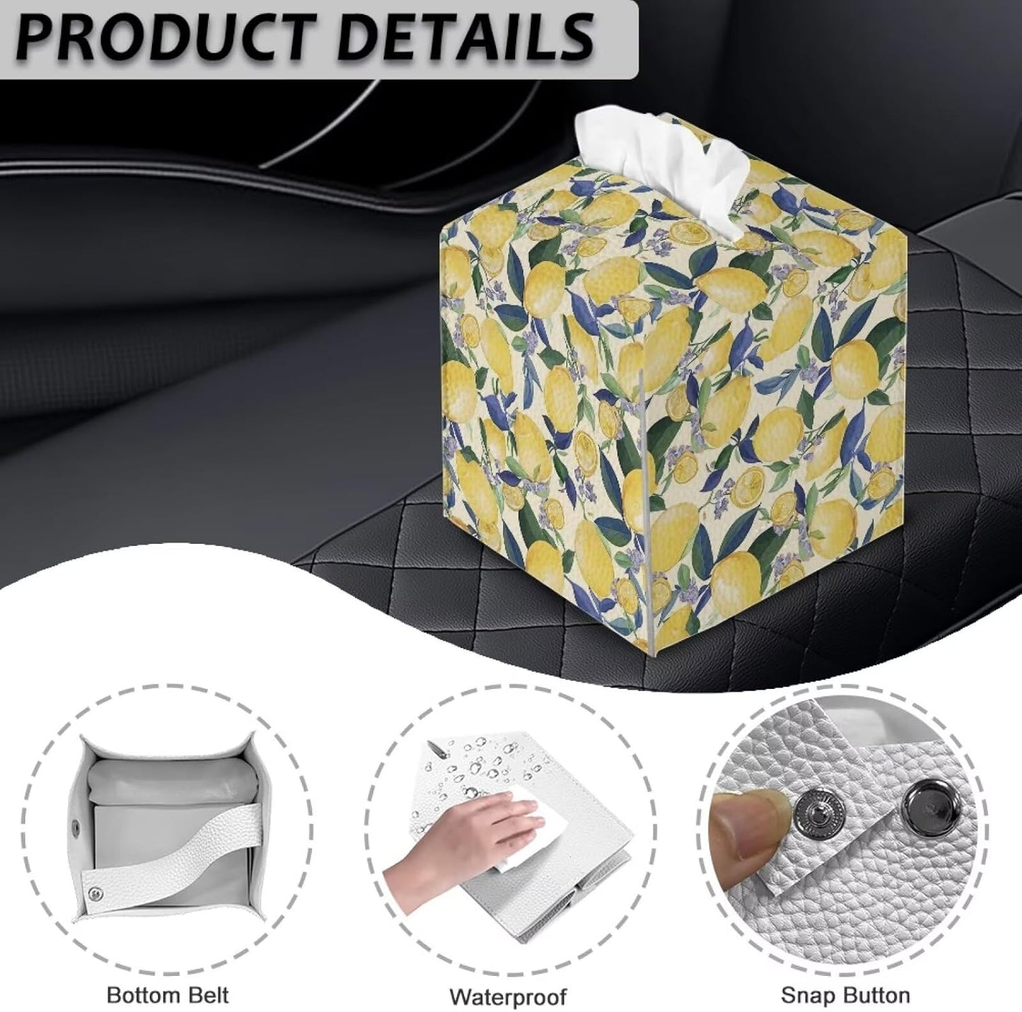 Lemon Facial Paper Organizer Home Decorations Waterproof Reusable PU Leather Tissue Box Holder Rectangular Universal Fit Most Size Easy to Clean