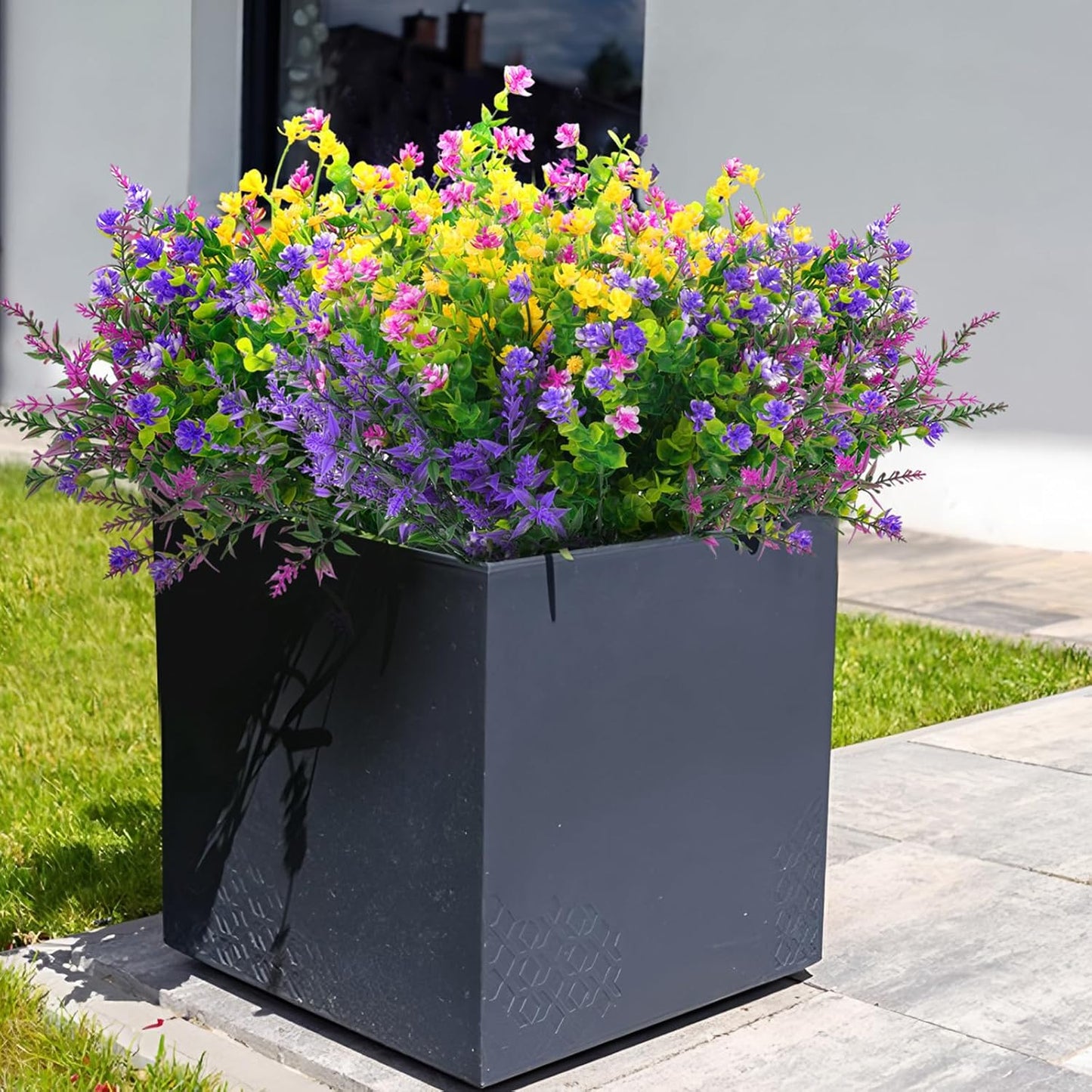 24 Pcs Artificial Flowers Outdoor, Faux Artificial Plants UV Resistant Plastic Flower Bulk for Hanging Planter Porch Window Home Wedding Summer Decor (24, Fuchsia, Purple, Yellow, Green)