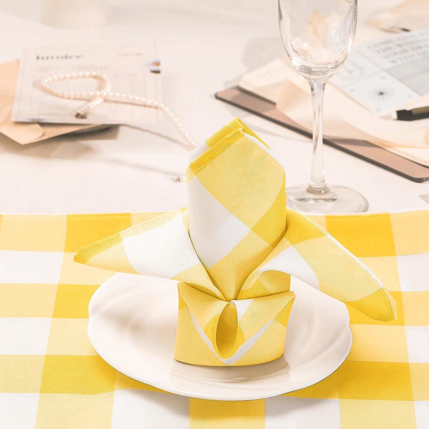 Buffalo Plaid Table Napkins Set of 12 Checkered Cloth Napkins 17x17 inch Washable Dinner Gingham Pattern Napkins Soft Napkins for Wedding Party Dining Banquet(Yellow and White)