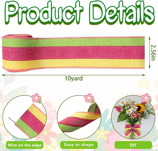 Spring Craft Ribbon for Wreath Bows, 2.5"10 Yards Wired Edge Pink Green Yellow Burlap Wedding Ribbon for Crafting Sewing DIY Crafts Supplies