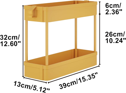 Under Sink Organizers Storage Rack, 2 Tier Under Bathroom Cabinet Shelf Basket, Multi-Purpose Storage Cart with Hooks for Kitchen Bathroom Bedroom Livingroom, Yellow