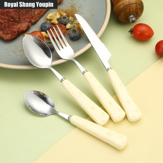 Light Luxury Cute Ceramic Cheese Handle Kitchen Stainless Steel Silverware Tableware Flatware Cutlery Set Steak Knife Fork Spoon Teaspoon (Yellow,4 pieces)