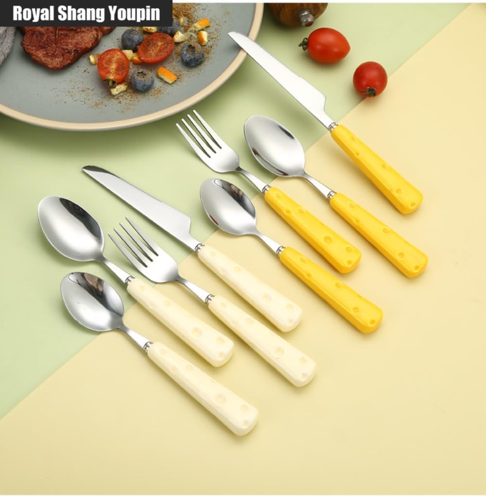 Light Luxury Cute Ceramic Cheese Handle Kitchen Stainless Steel Silverware Tableware Flatware Cutlery Set Steak Knife Fork Spoon Teaspoon (Yellow,4 pieces)