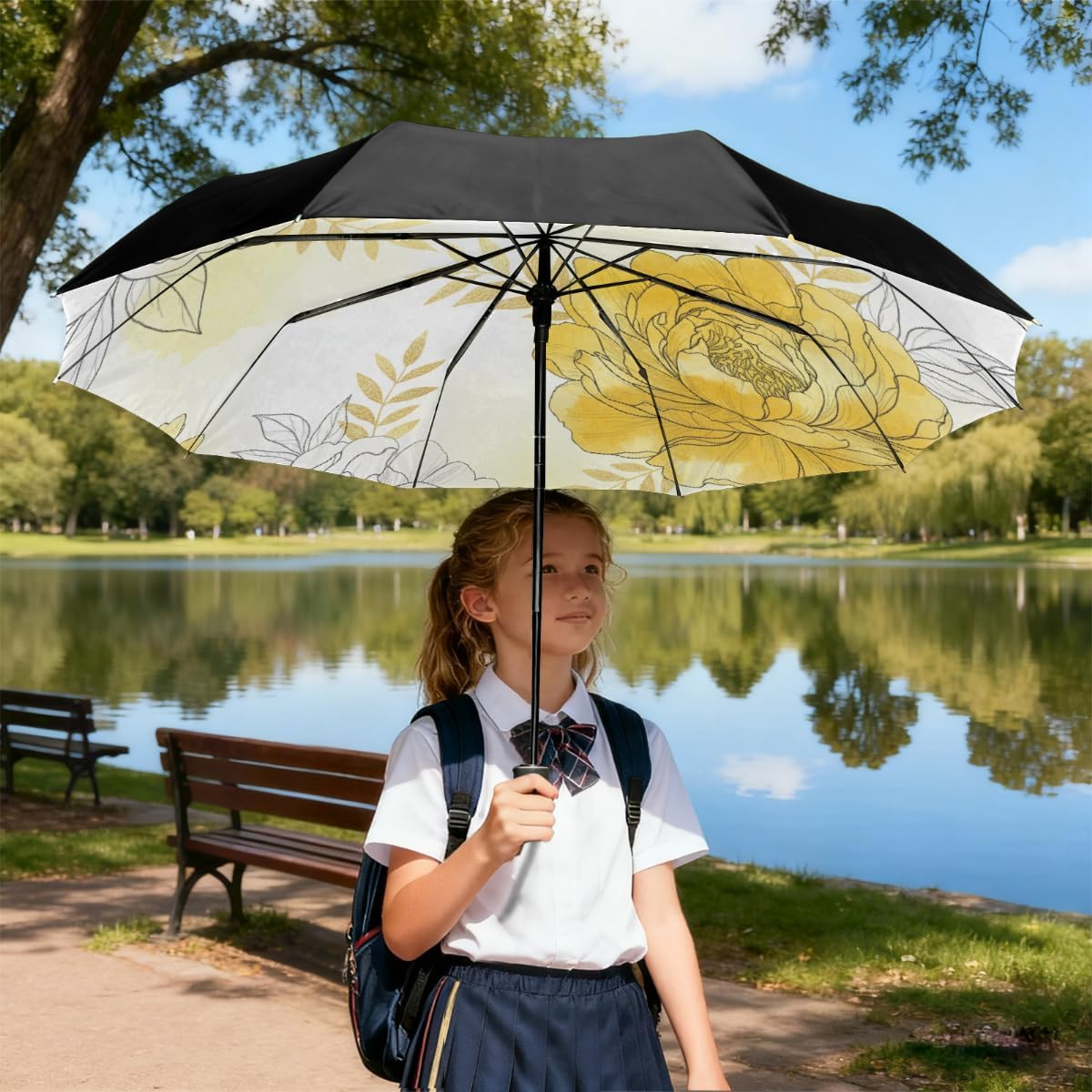 Windproof Compact Umbrellas for Rain - Yellow Gold Floral Portable Lightweight Automatic Reverse Folding Umbrellas - Auto Open Close Small Cute Umbrella for Commute, Car, Backpack, Purse