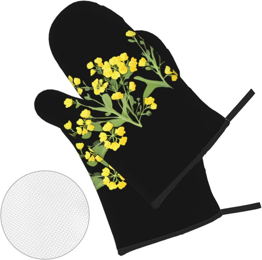 Light Yellow Rapeseed Flowers Prints Oven Mitts & Pot Holders Set - Waterproof Kitchen Throw & Heat Resistant Layers - Durable Covers for Cooking, Baking & BBQ