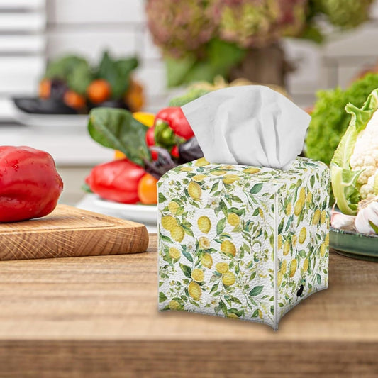 Lemon Yellow Tissue Box Cover Holder Square Cube Cover PU Leather Tissue Organizer with Bottom Belt for Bathroom, Tabletop, Car, Night Stands, Office, Home, Kitchen