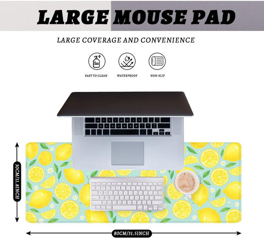 Lemon Desk Pad Mouse Pad Summer Yellow Watercolor Fruit Extended Gaming Mouse Pad Mat with Stitched Edge Non-Slip Base Big Mousepad 31.5"x11.8"