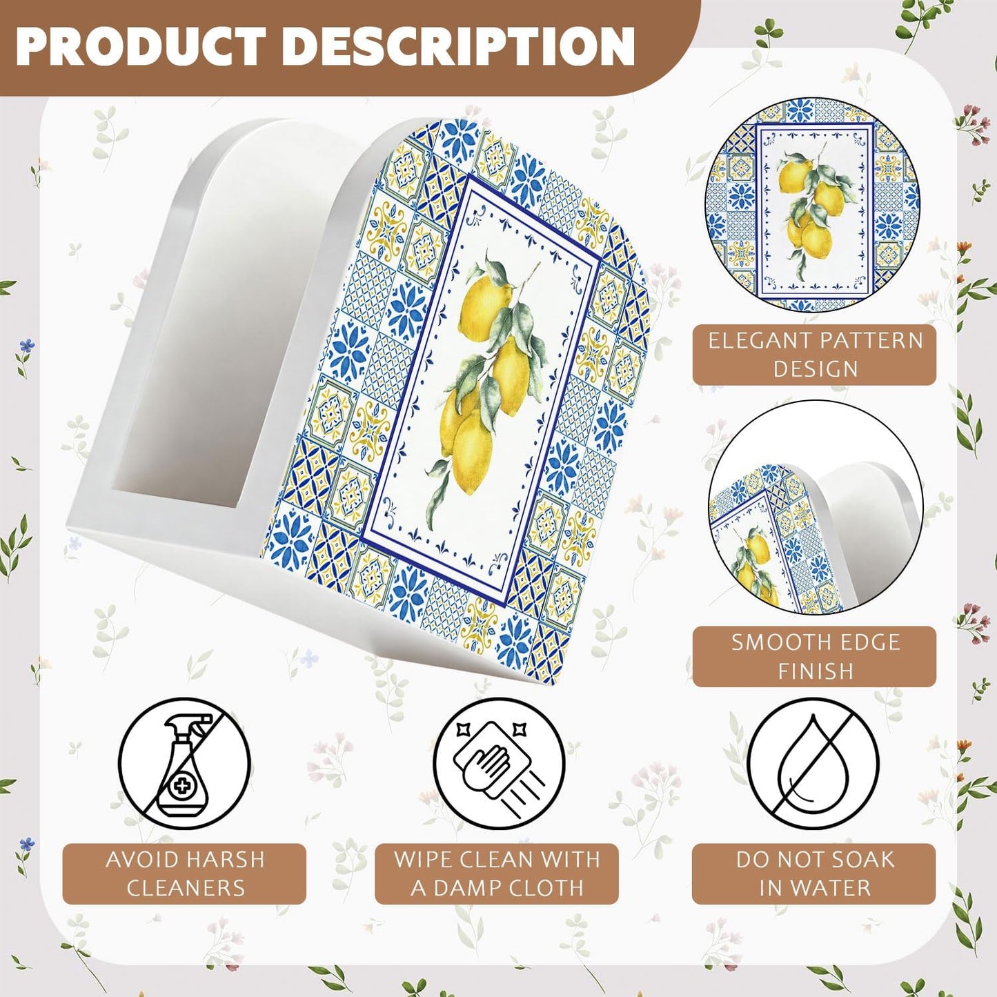 Blue and Yellow Lemon Wood Napkin Holder, Italian Lemon Mediterranean Tiles Wooden Standing Napkin Dispenser for Table Home Kitchen Dining Room Party Cafe Bar Decorations