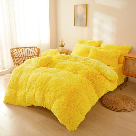 Yellow Plush Fluffy Comforter Cover Set Queen - Ultra Soft Faux Fur Bedding Sets 3 Pieces (1 Shaggy Duvet Cover + 2 Pillow case) Fuzzy Bed Set (Yellow, Queen)