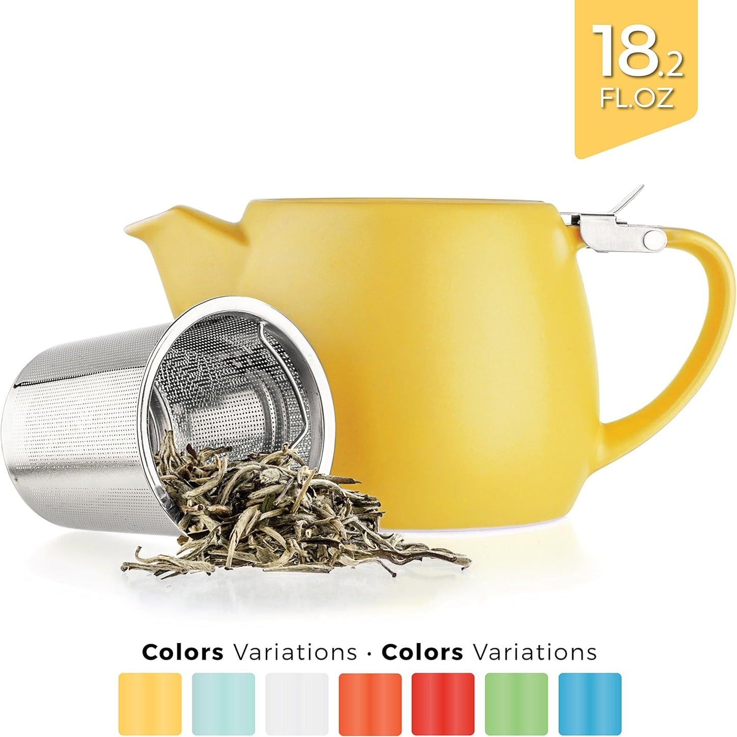 Pluto Porcelain Small Teapot Yellow - 18.2-ounce (1-2 cups) - Matte Finish - Stainless Steel Lid and Extra-Fine Infuser To Brew Loose Leaf Tea - 540ml