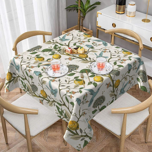 Boho Floral Bird Square Tablecloth 54 Inch Chinoiserie Lemon Blue Hummingbird Floral Table Cloth Polyester Fabric Spring Summer Vintage Flowers Table Cover for Kitchen Holiday Party Outdoor Decor
