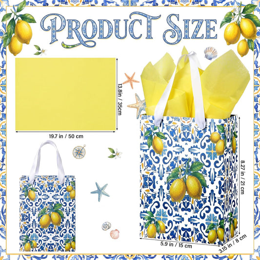 12 Pcs Blue Capri Lemon Gift Bags with Handles Amalfi Coast Elegant Wedding Gift Bag for Guests Mediterranean Paper Treat Bag Party Favor Bags for Bridal Shower Birthday Tea Party