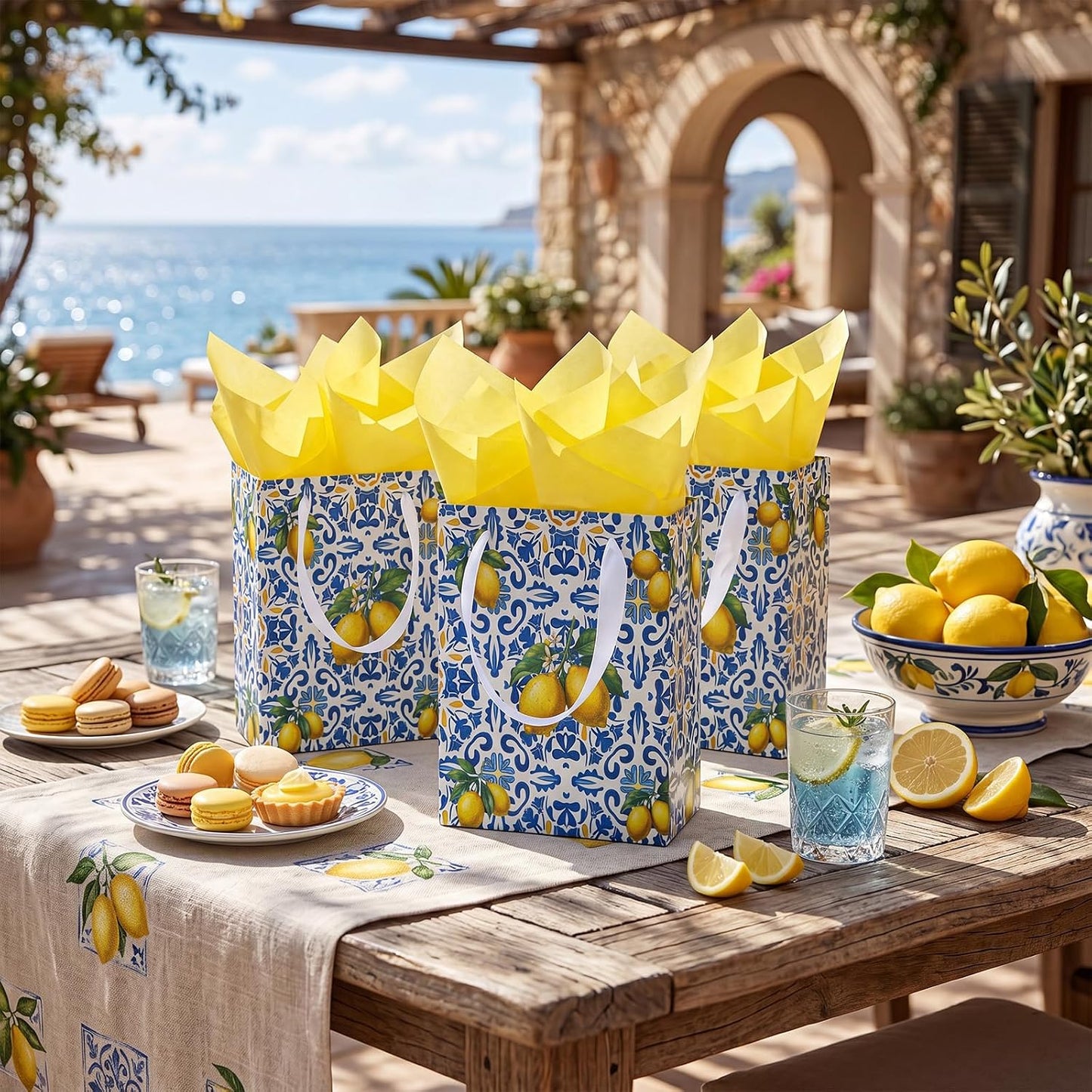 12 Pcs Blue Capri Lemon Gift Bags with Handles Amalfi Coast Elegant Wedding Gift Bag for Guests Mediterranean Paper Treat Bag Party Favor Bags for Bridal Shower Birthday Tea Party