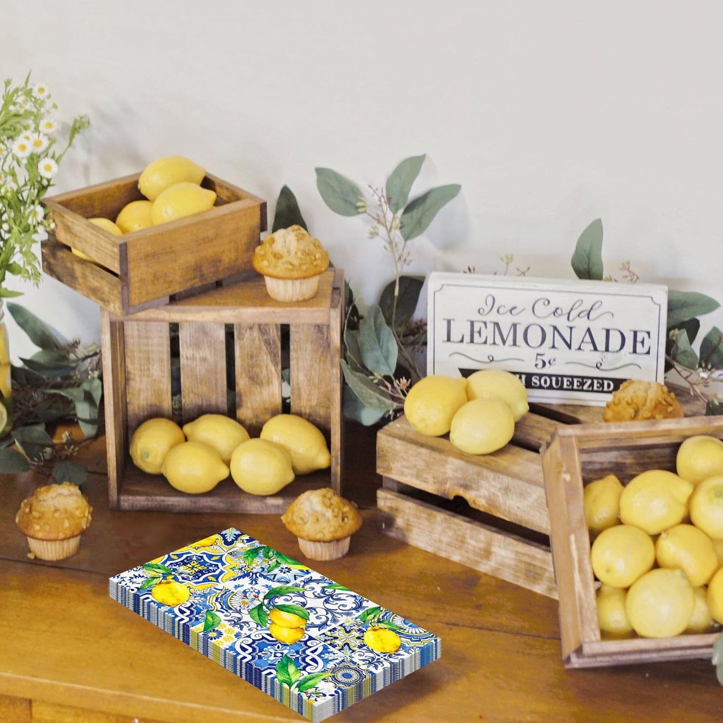 20 Pcs Lemon Napkins, Blue and Yellow Tile Lemon Disposable Guest Towels, Summer Fruit Napkins Decorative Paper Hand Towels for Bathroom Bridal Baby Shower Birthday Wedding Party Decorations