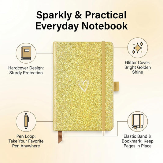 Bling A6 Notebook with Pen, Lined Journal Notebook A6 Notepad for Girls Women,Cute Heart Pattern Design Glitter Laser Diary College Ruled Hardcover Notebook for Work, School, Note Taking, Business (Yellow)