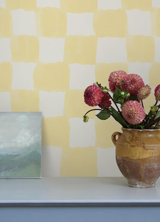 RoomMates Tess Watercolor Checker Pale Yellow Peel and Stick Wallpaper, Vinyl, 20.5-in x 18-ft