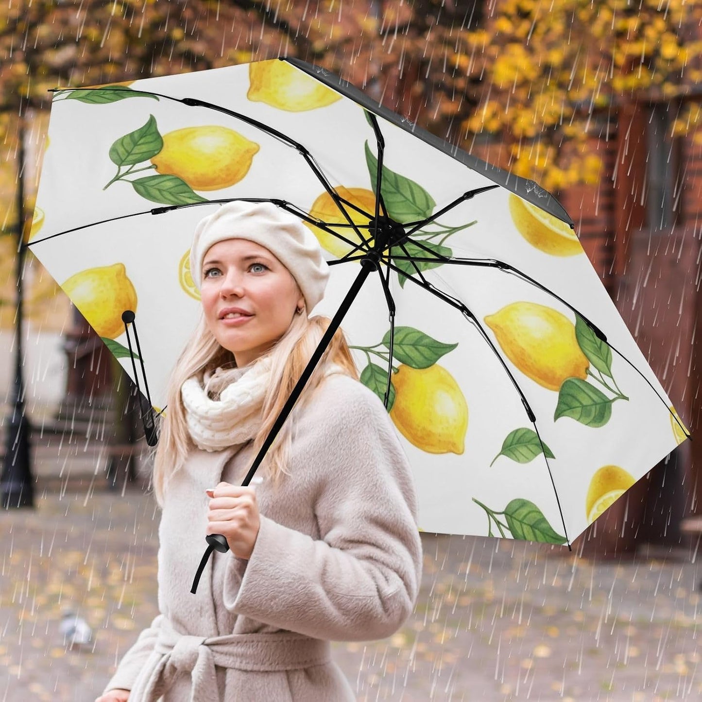 Yellow Lemons Green Leaves Folding Umbrella, Automatic Open Close Compact Travel Umbrella for Rain and Sun, Windproof Waterproof Portable Umbrella for Women Men Adults
