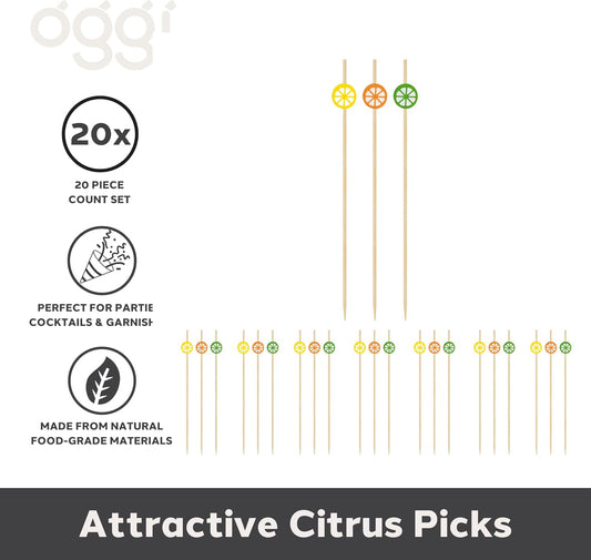 Citrus Cocktail Picks 20 pcs - Lemon, Orange & Lime - Wooden, Reusable, 4.5" / 11.5cm