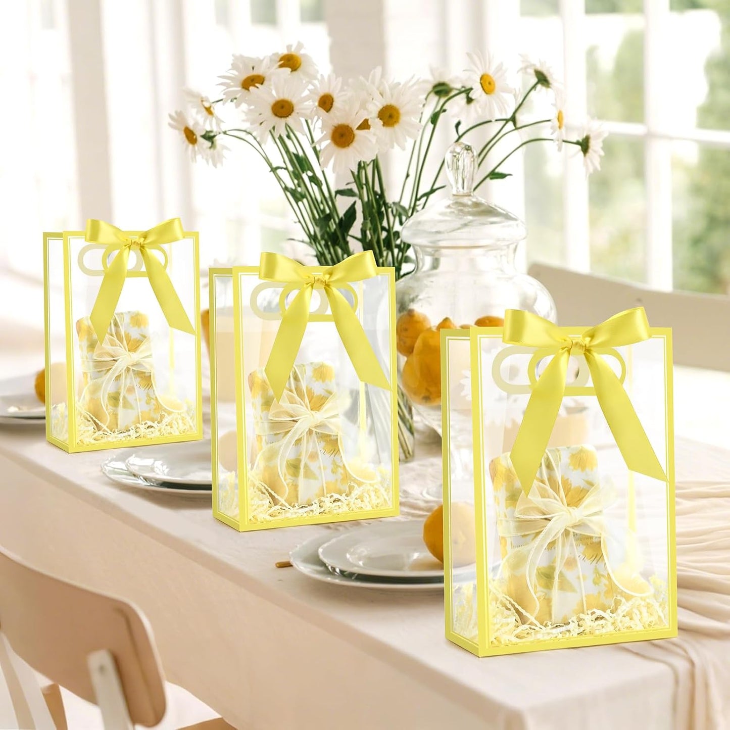 Yellow Plastic Gift Bags with Handles, 12 Pack | With Ribbon, Clear, 7.1 x 3.1 x 10.2 Inch, For Party Favor, Goodie, Birthday, Wedding, Bachelorette Party