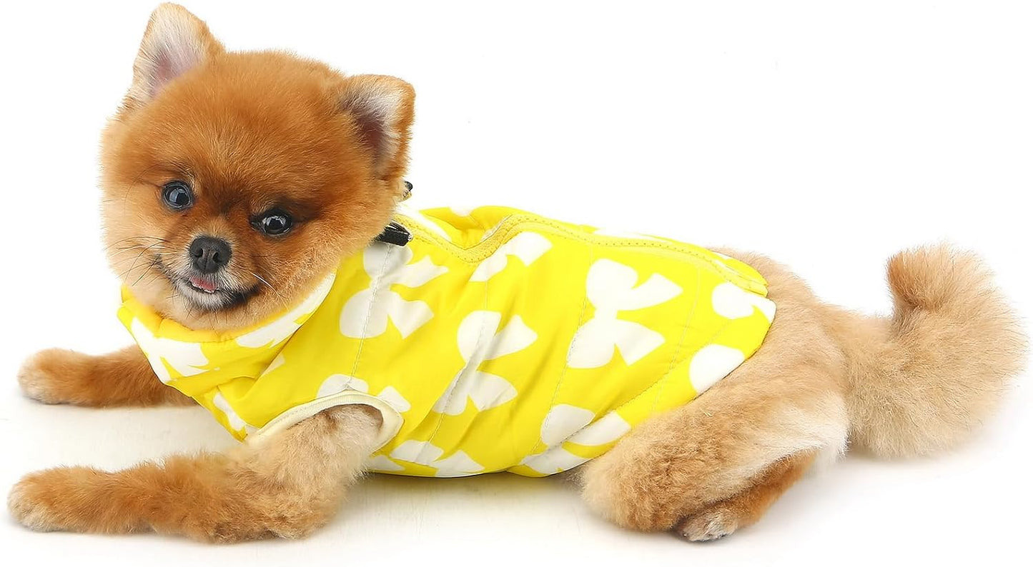 SMALLLEE_LUCKY_STORE Dog Coat with D-Ring for Small Dogs, Yellow, XS | Bow Print, Water-resistant Shell, Padded Warmth, Zip-up Fit, Winter Walks, Chihuahua, Yorkie, Small Dog Harness Jacket