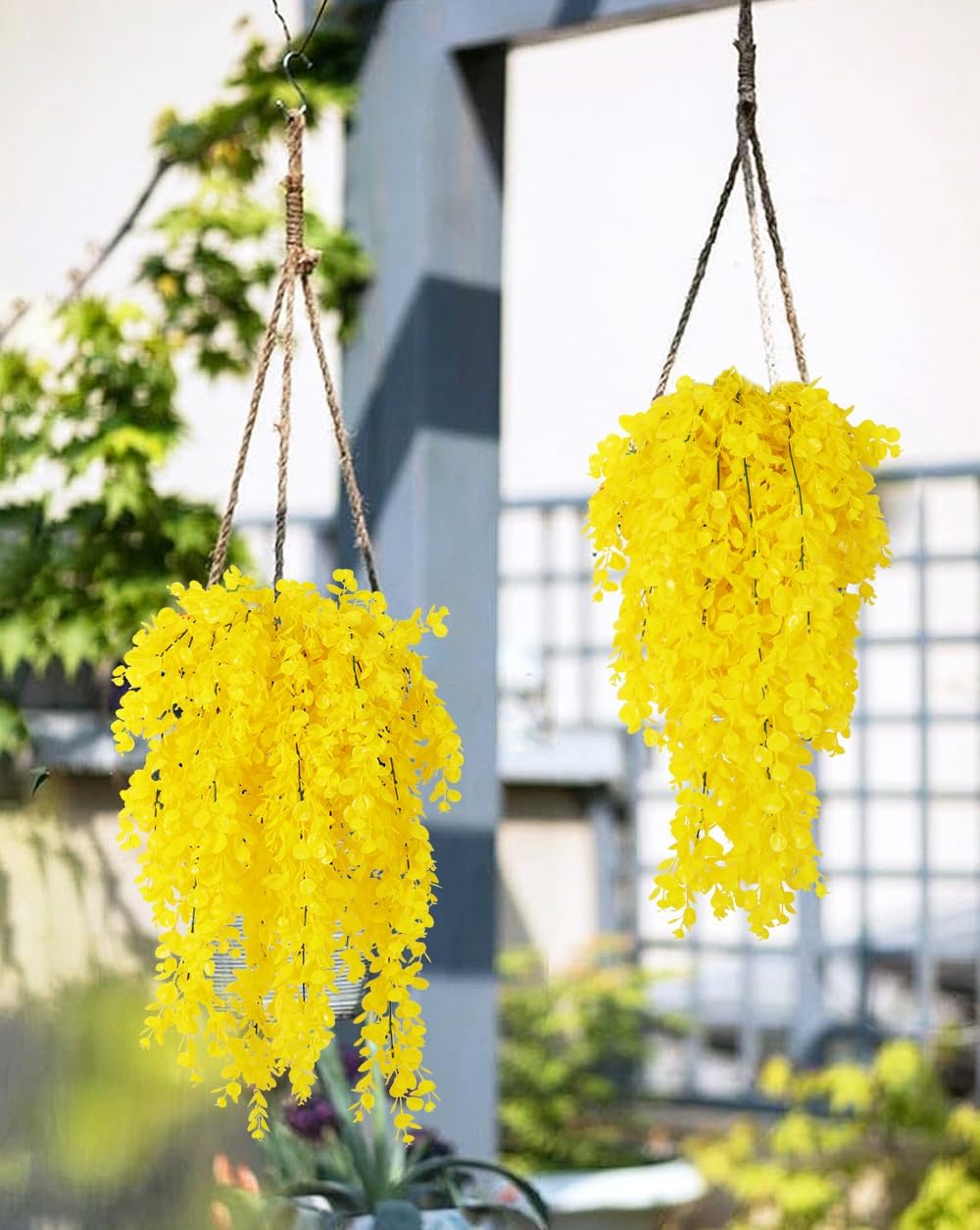 4Pcs 29.9 Inches Fake Hanging Eucalyptus Plants for Indoor Outdoor | UV Resistant Plastic Yellow Artificial Greenery for Home, Garden, Farmhouse, Front Porch, Wedding Arch, Patio, Classroom