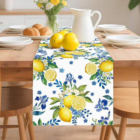 Lemon and Blue Floral Table Runner, 48 x 13 inches | Linen Texture Fabric, Easy Care Machine Washable, Fade Resistant Colors, Perfect for Spring Summer Dining Decor