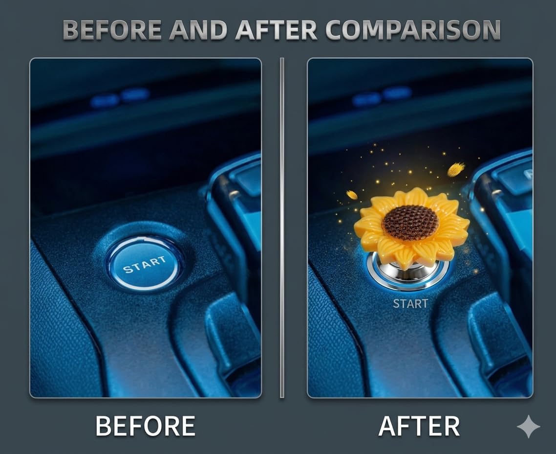 LKTEE Yellow Sunflower Push Start Button Cover, Cute Car Decor | Flower push start button cover for car interiors, adding cute floral style to ignition buttons and daily drives.
