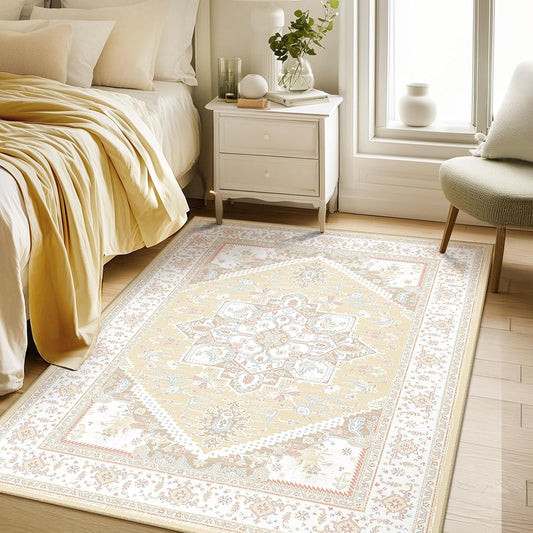 5x7 Area Rugs for Living Room Washable Non Slip Carpet Low Pile Soft Vintage Print Pattern Rug for Bedroom Dining Room Kitchen Entryway Indoor-Cream/Light Yellow/Brown/Blue/Red/Pink