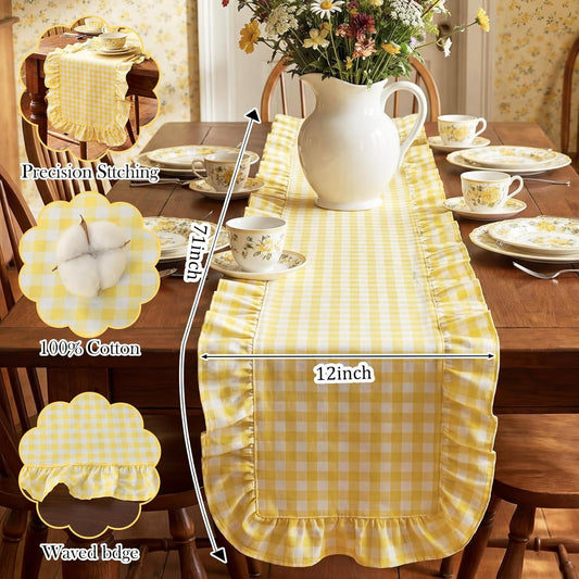 Yellow Gingham Table Runner 12''x71'' Cotton Ruffle Striped Checkered Yellow Plaid Table Runner for Home Kitchen Dinner Party Decorations