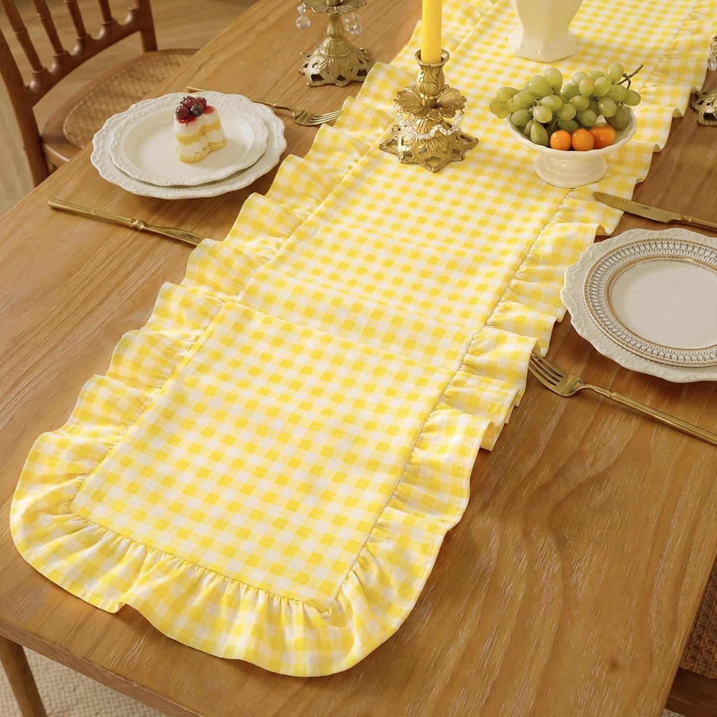 Yellow Gingham Table Runner 12''x71'' Cotton Ruffle Striped Checkered Yellow Plaid Table Runner for Home Kitchen Dinner Party Decorations