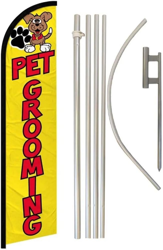 Pet Grooming Yellow & Red Windless Banner Flag & Flag Pole Kit & Ground Spike